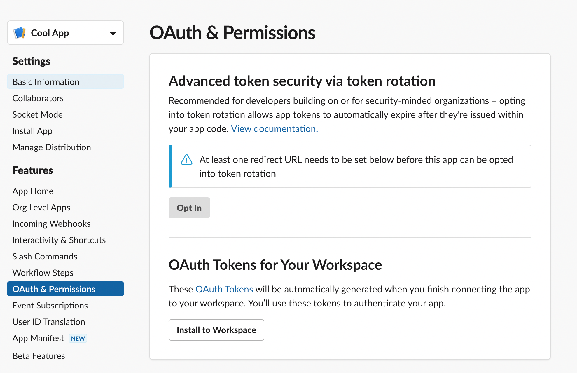 Screenshot of the Slack user interface Setting menu with OAuth & Permissions selected