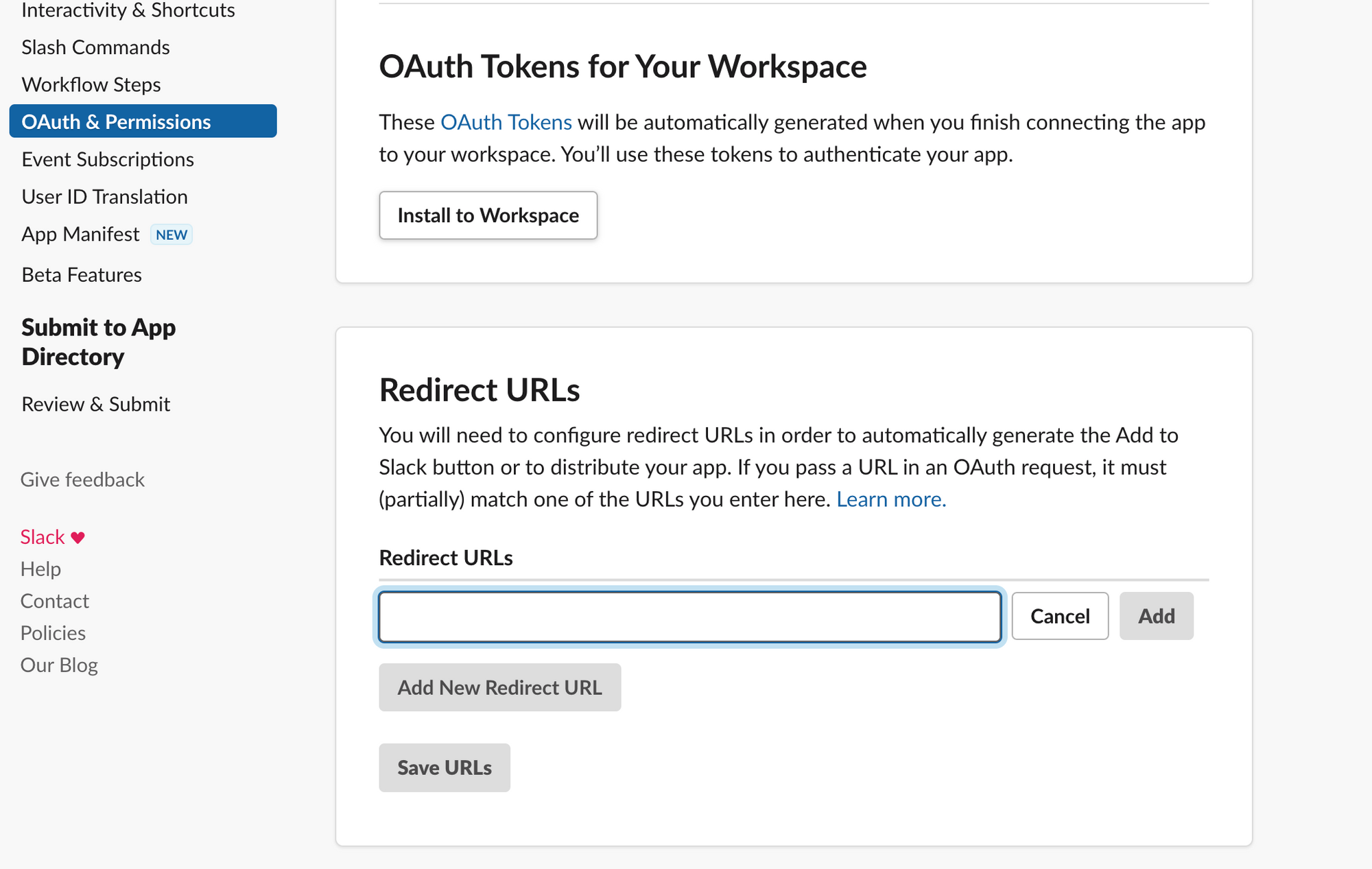 Screenshot of the Slack user interface Setting menu with OAuth & Permissions selected and scrolled down to OAuth Tokens section