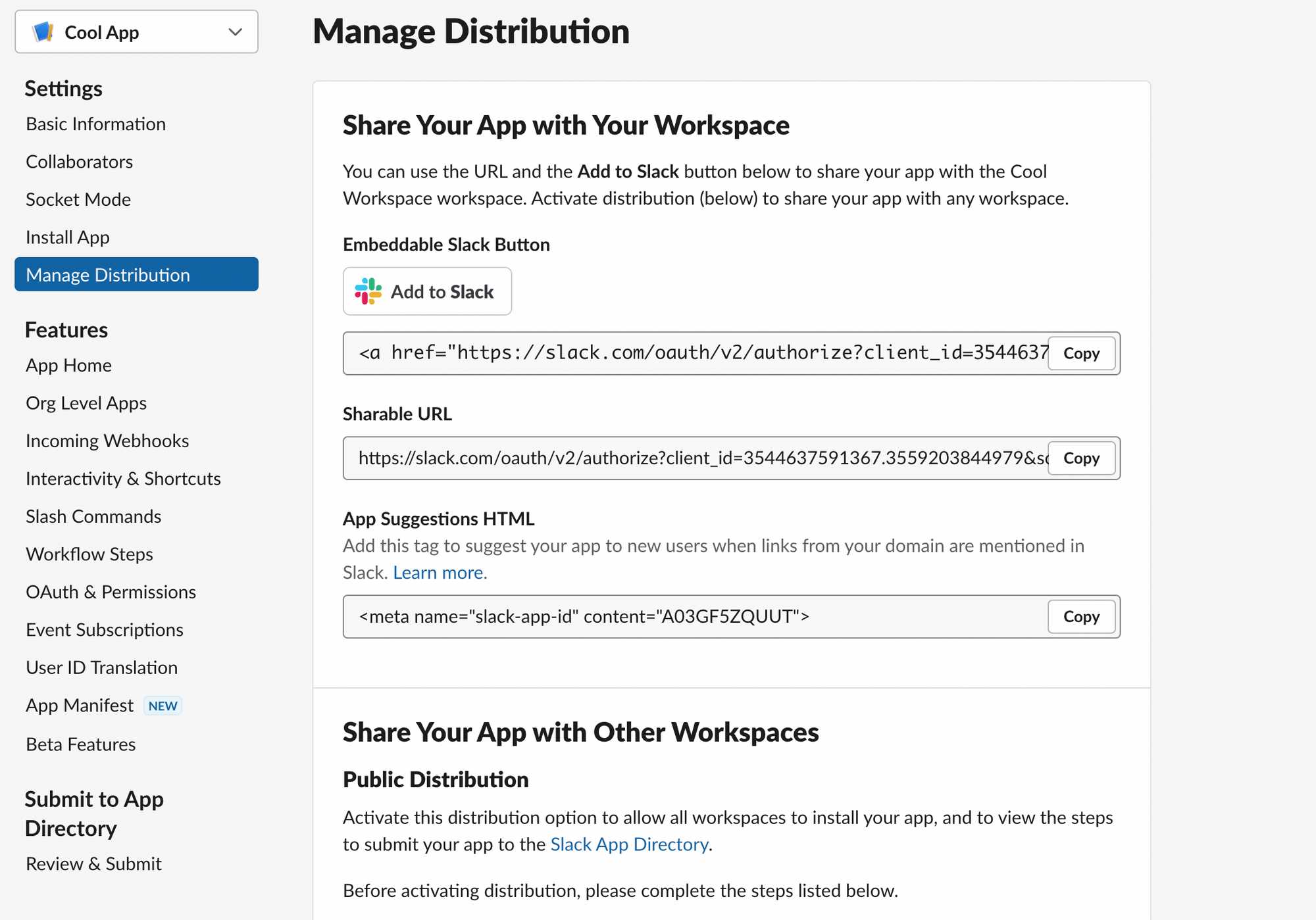 Screenshot of the Slack user interface Setting menu with Manage Distribution selected