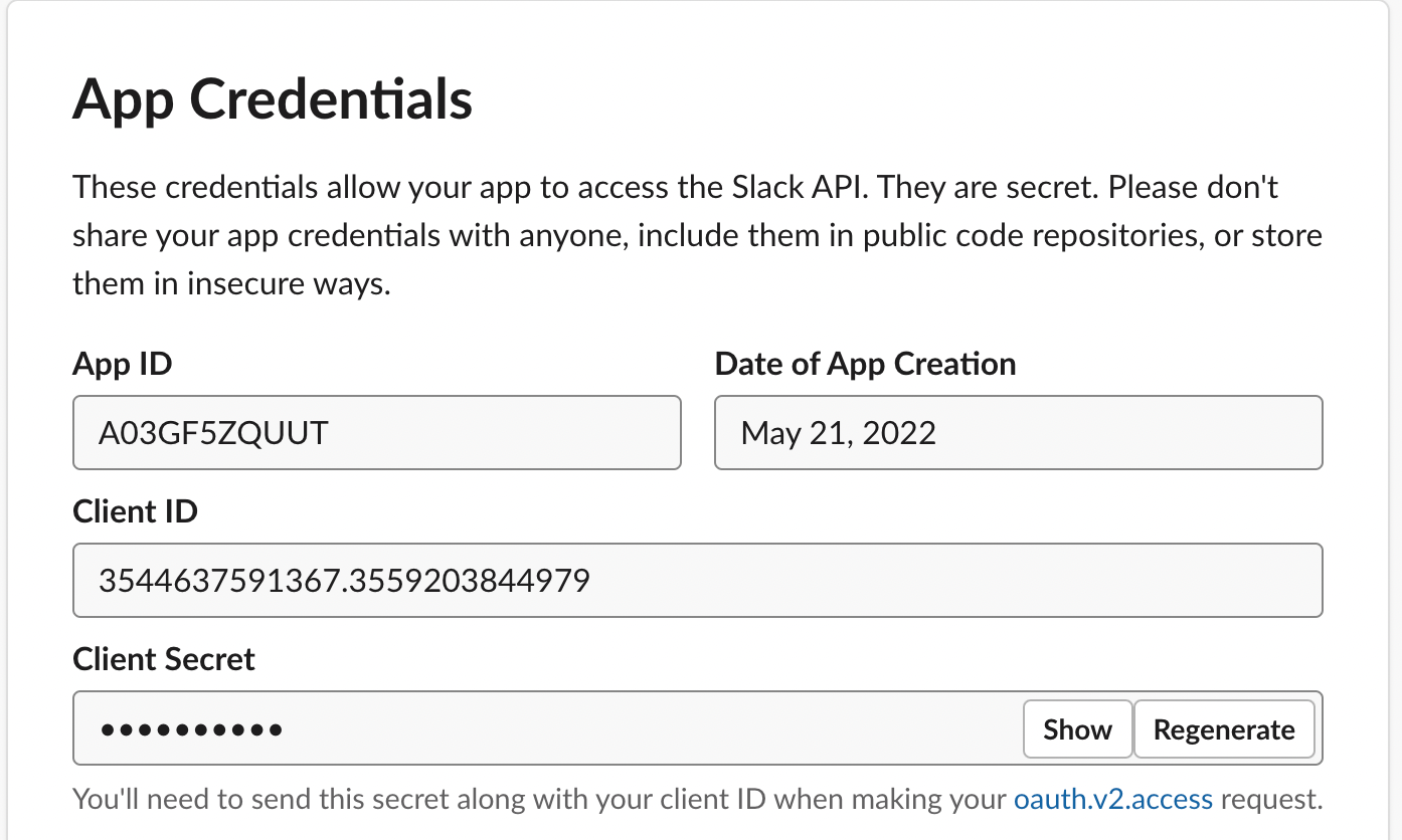 Screenshot of the Slack user interface App Credentials form