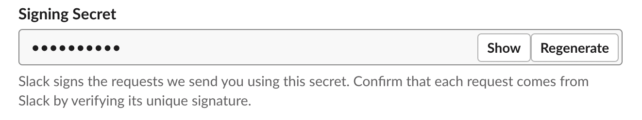 Screenshot of the Slack user interface Signing Secret form