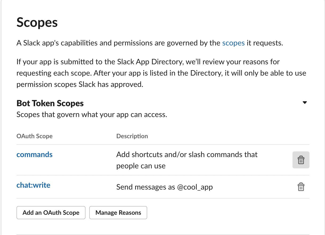 Screenshot of the Slack user interface apps Scopes settings