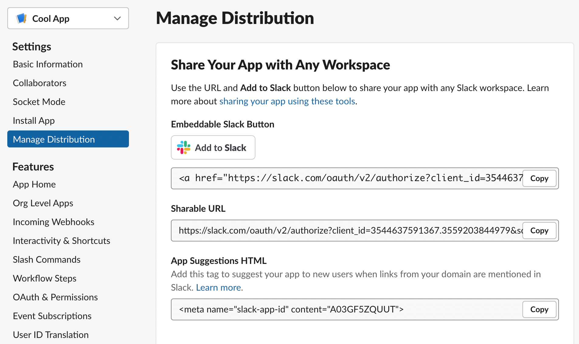 Screenshot of the Slack user interface Manage Distribution settings