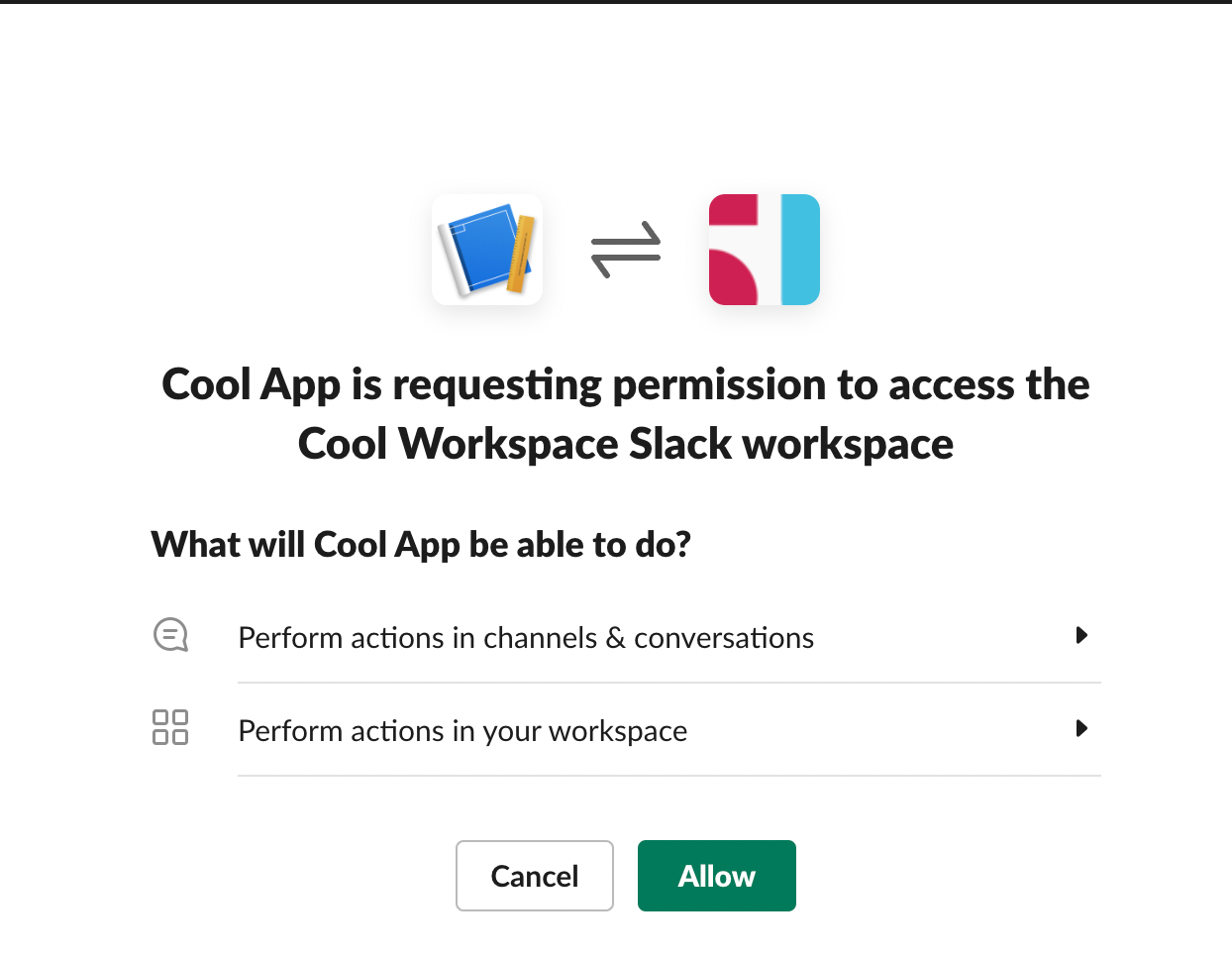 Screenshot of the Slack user interface custom app permission request form