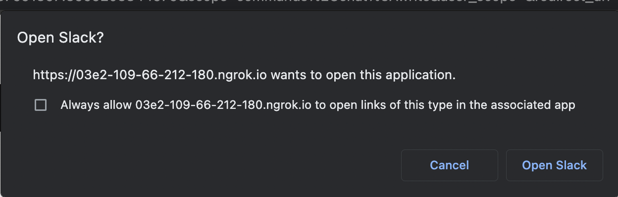 Screenshot of the Slack user interface system prompt to allow application