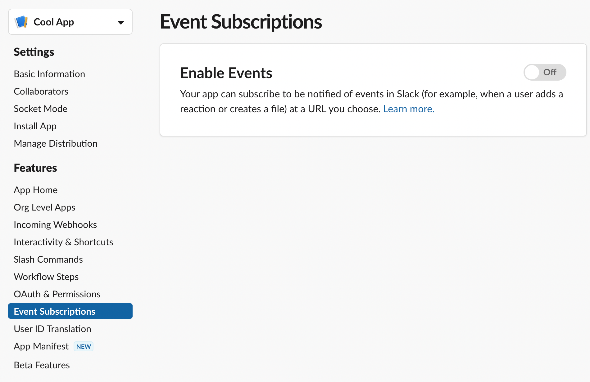 Screenshot of the Slack user interface Setting menu with Event Subscriptions selected