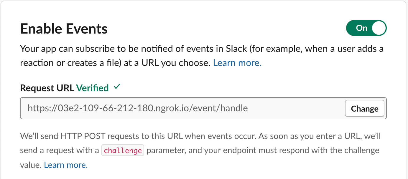 Screenshot of the Slack user interface Enable Events settings