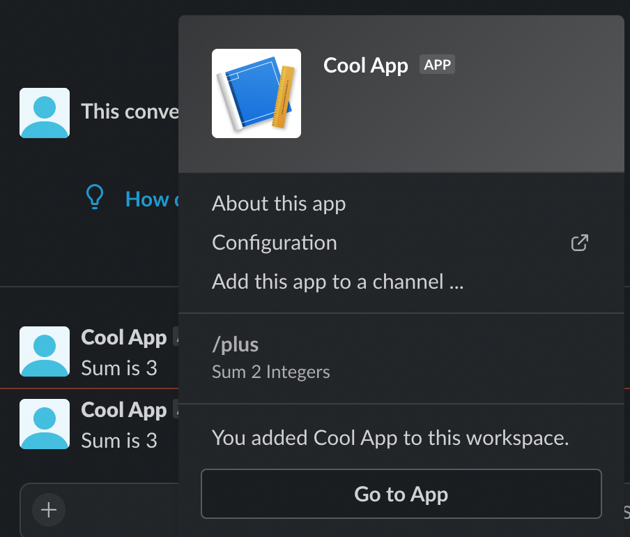 Screenshot of the Slack user interface Go to App modal