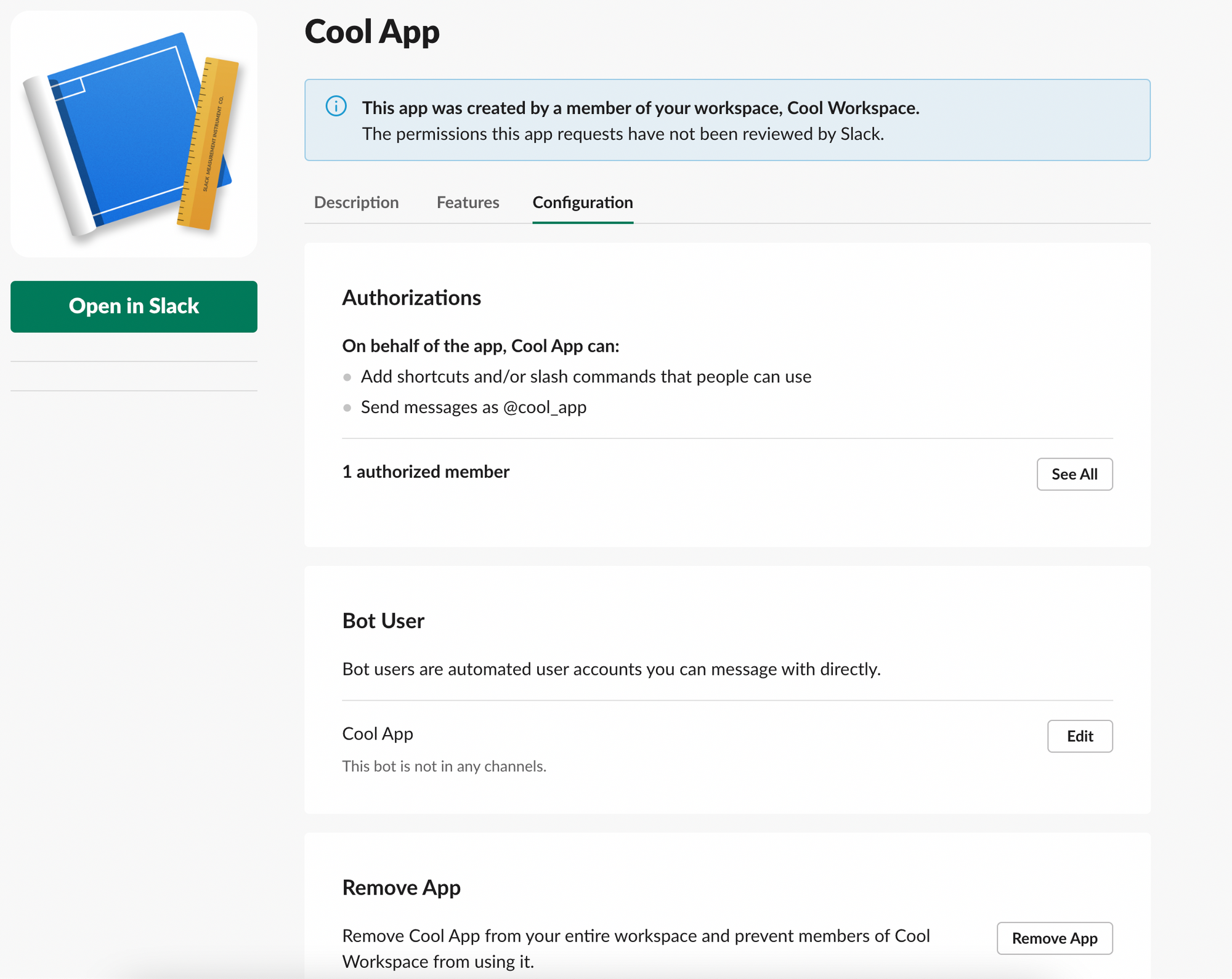 Screenshot of the Slack user interface cool app details page