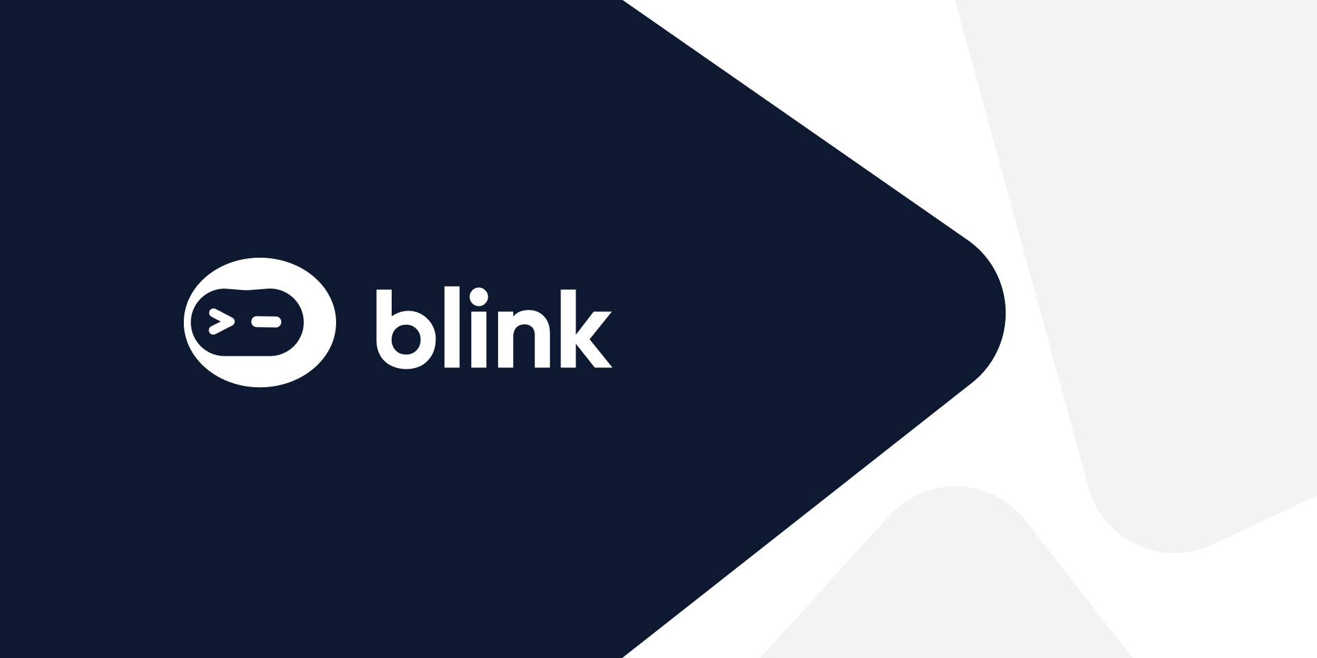 White Blink Ops blinking robot logo on an abstract background with navy, light grey, and white rounded triangles