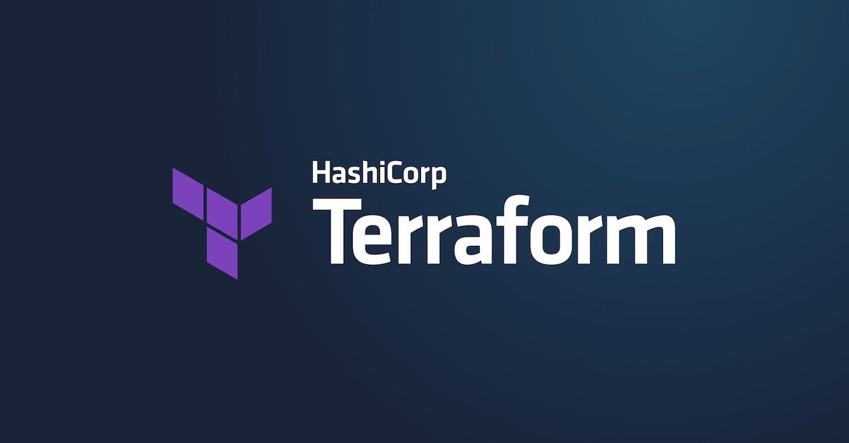 White HashiCorp Terraform script with purple Terraform logo on a blue background