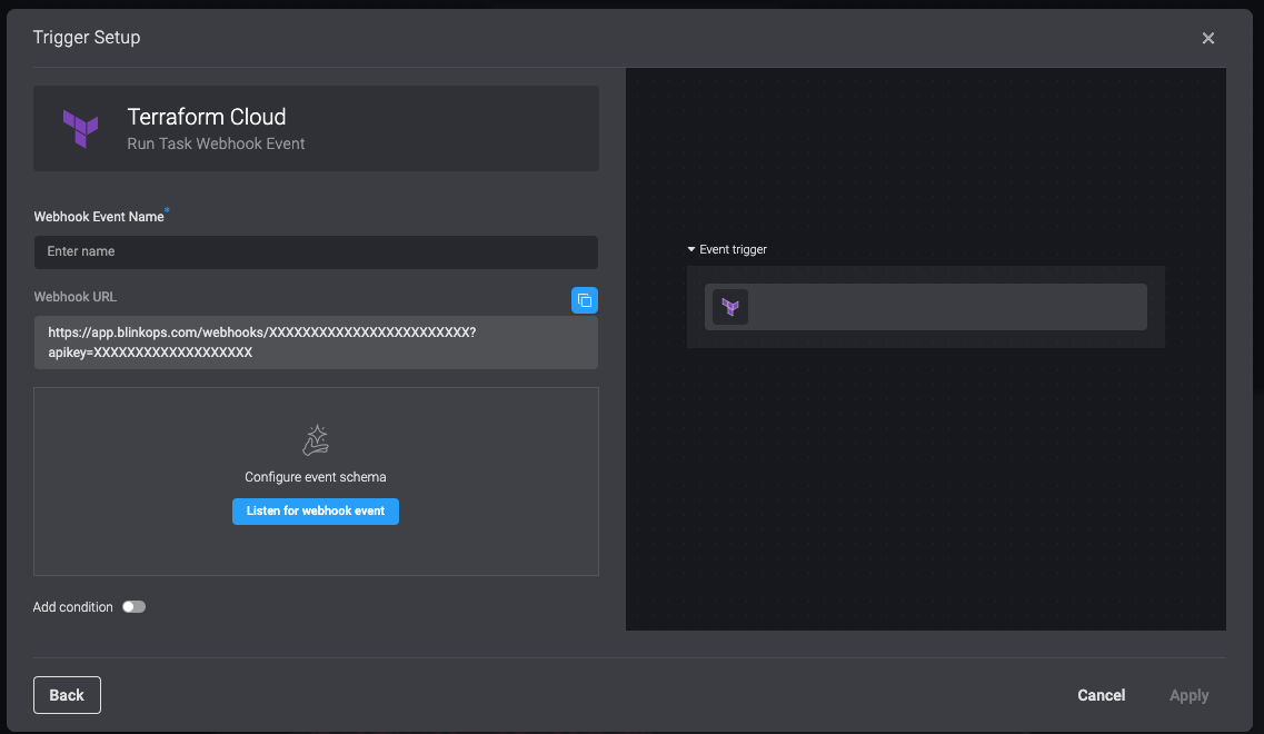 Screenshot of Trigger Setup window with Terraform Cloud selected and displaying webhook