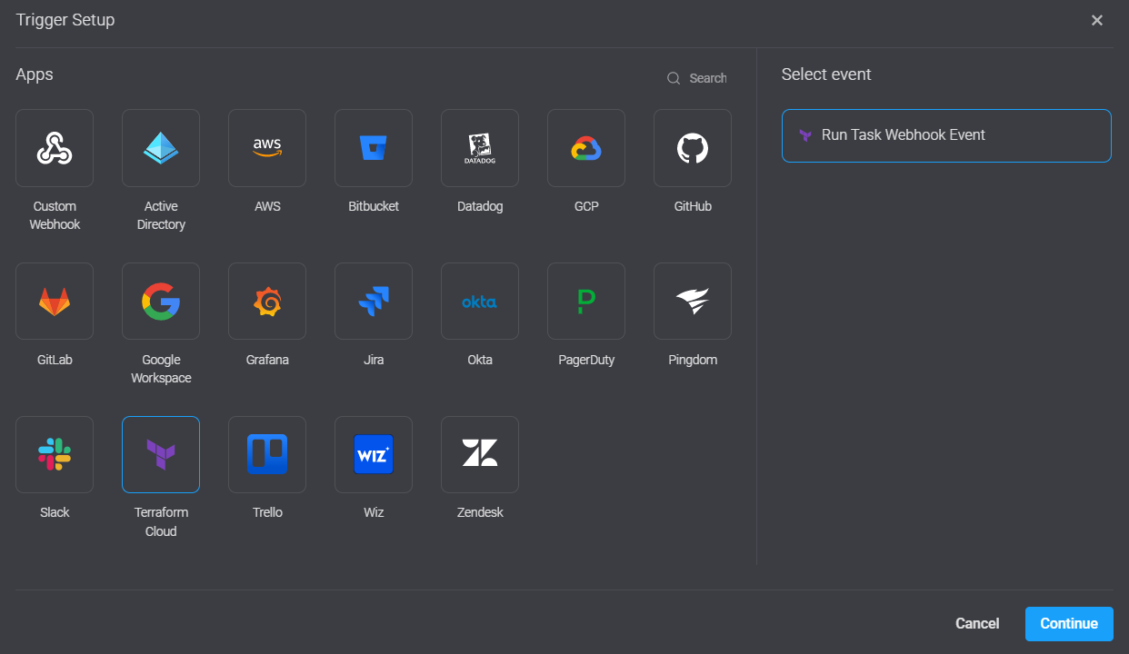 Screenshot of Blink trigger setup screen with options to select which app you would like to integrate with. Options shown are Custom Webhook, Active Directory, AWS, Bitbucket, DataDog, GCP, GitHub, GitLab, Google Workspace, Grafana, Jira, Okta, PagerDuty, Slack, Terraform Cloud, and Wiz