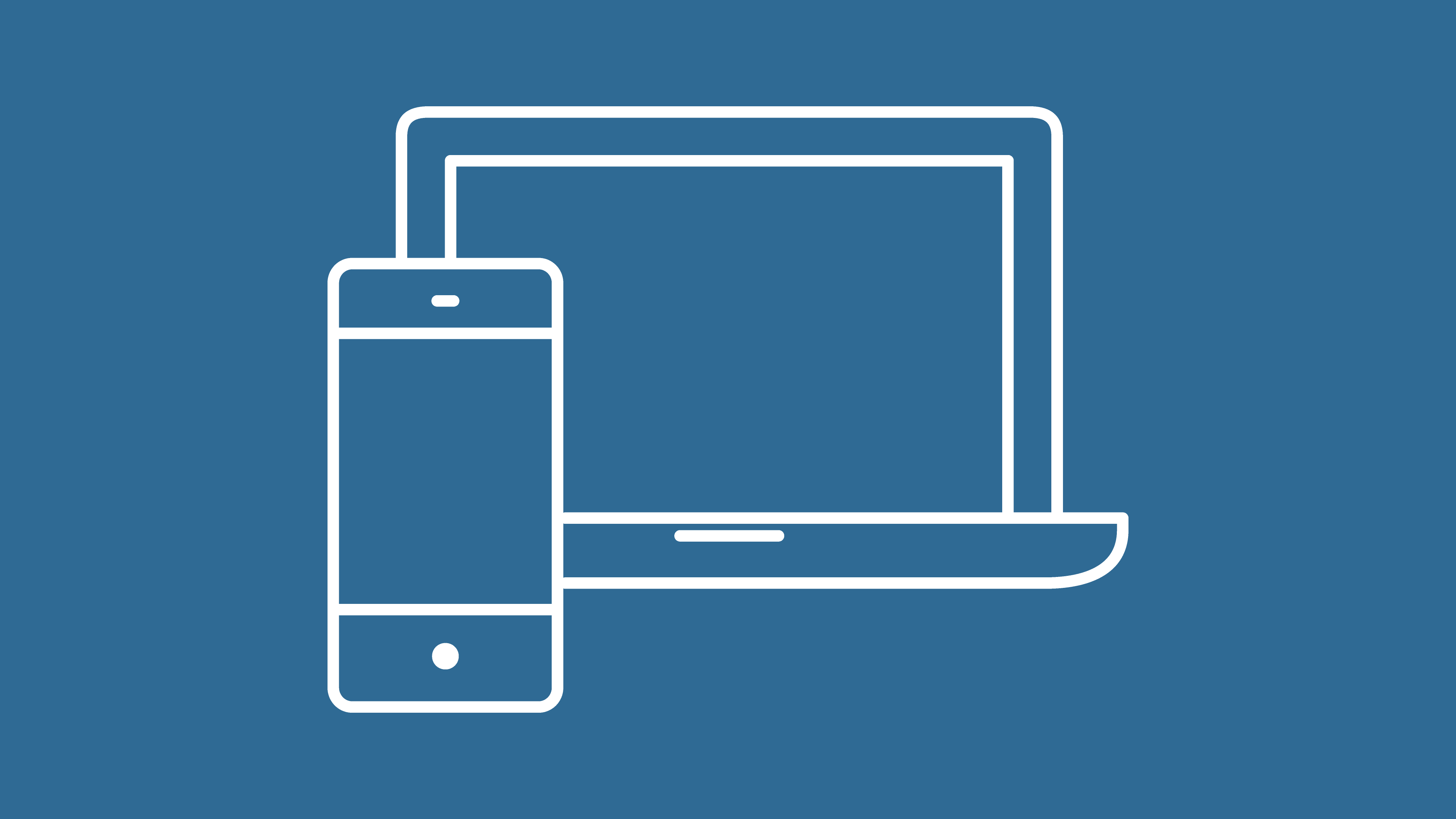 Blue graphic featuring line art illustrations of a mobile phone next to an open laptop.