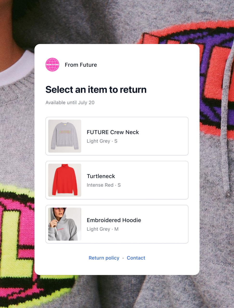 Bigblue use case returns portal showing selection of items to return
