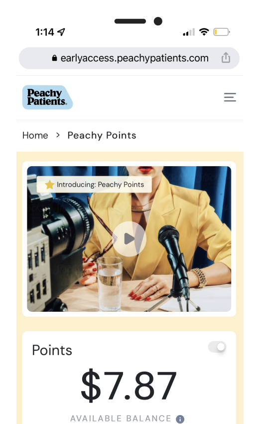 iPhone showing peachypatients.com to a logged in user and showing their points total