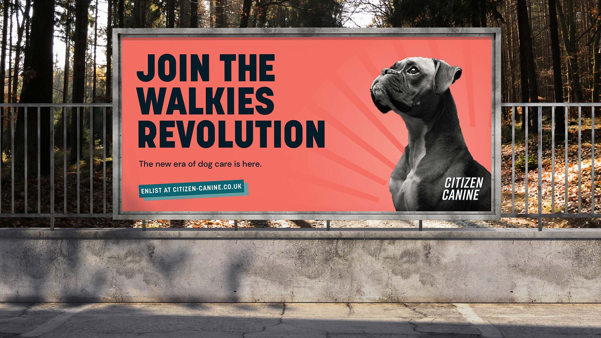 a large billboard with a citizen canine print with the text 'join the walkies revolution'