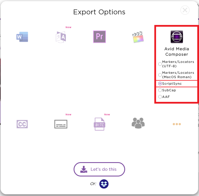 Select ScriptSync under Avid Media Composer in the Export modal