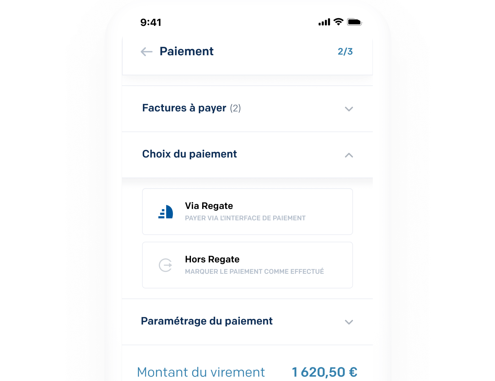 Screeshot de l'application représentant les paeiments des factures par virement SEPA
