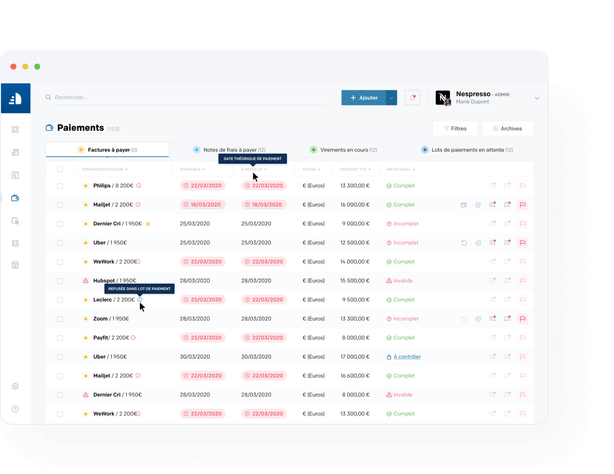 Dashboard regate représentant les paiements