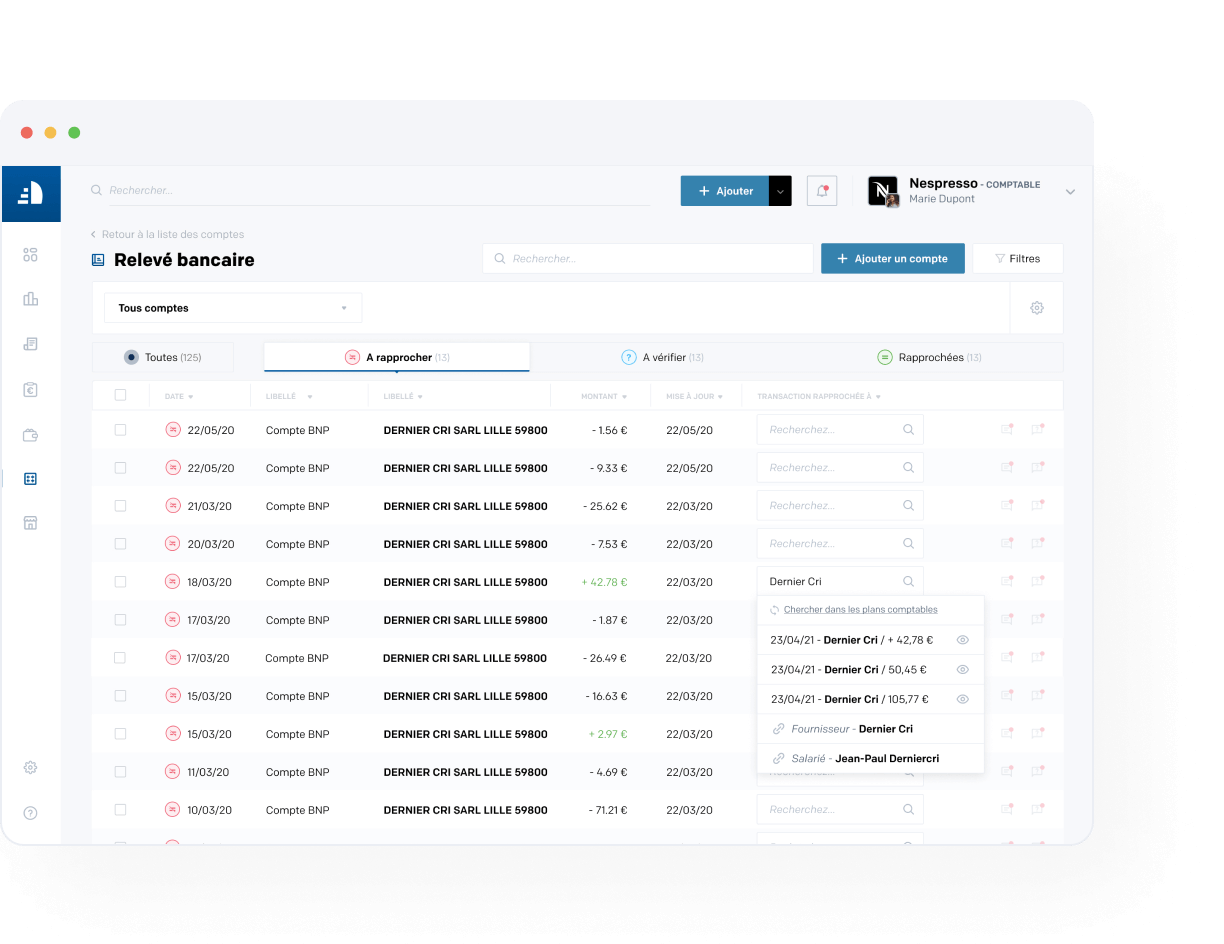 Dashboard représentant des relevés bancaires