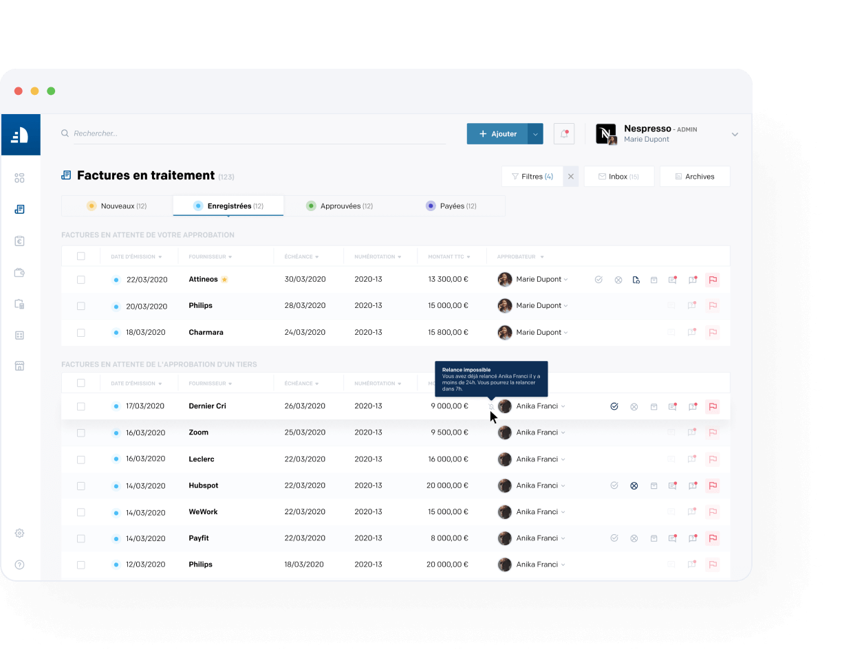 Dashboard regate représentant les factures en traitement