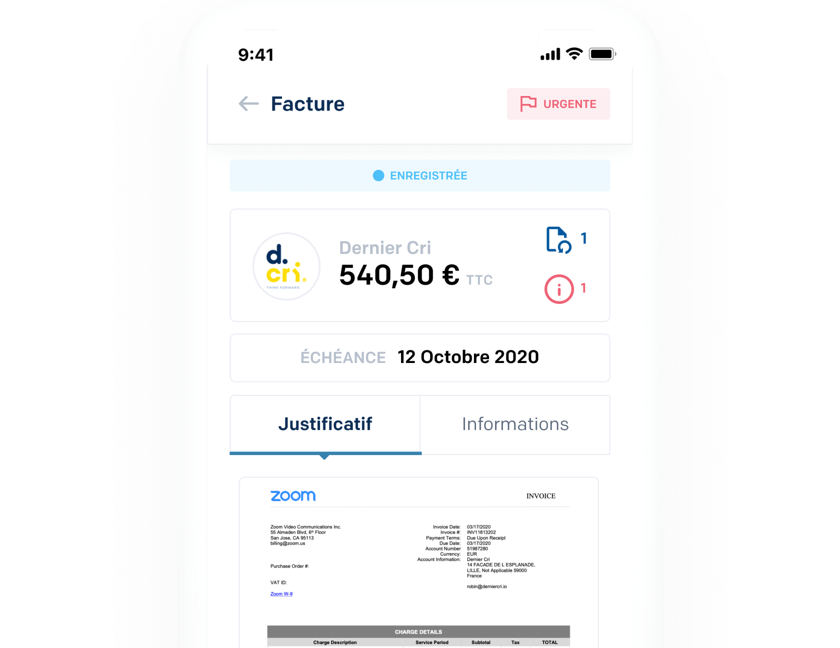 Screenshot de l'application représentant les notes de frais et factures
