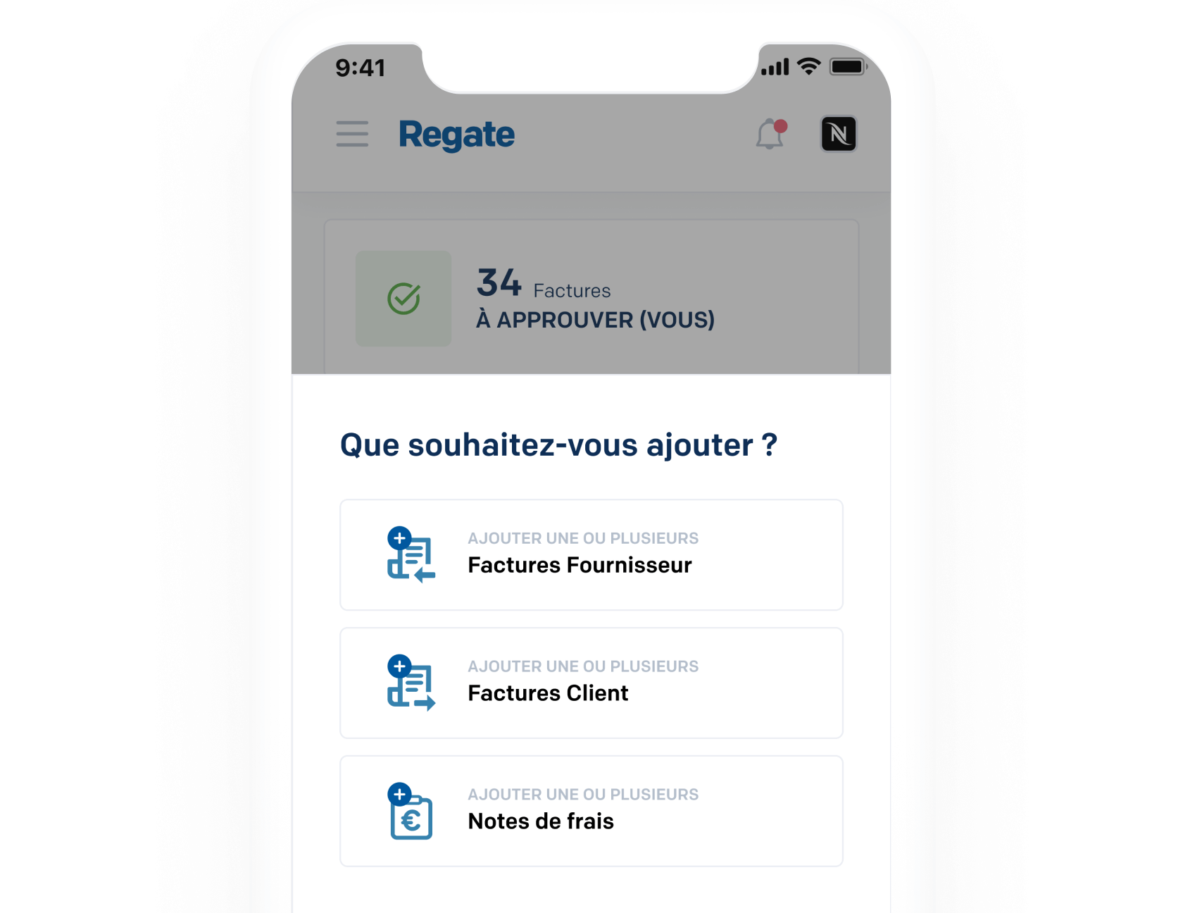 Screenshot de l'application représentant la soumission des notes de frais et factures par photo