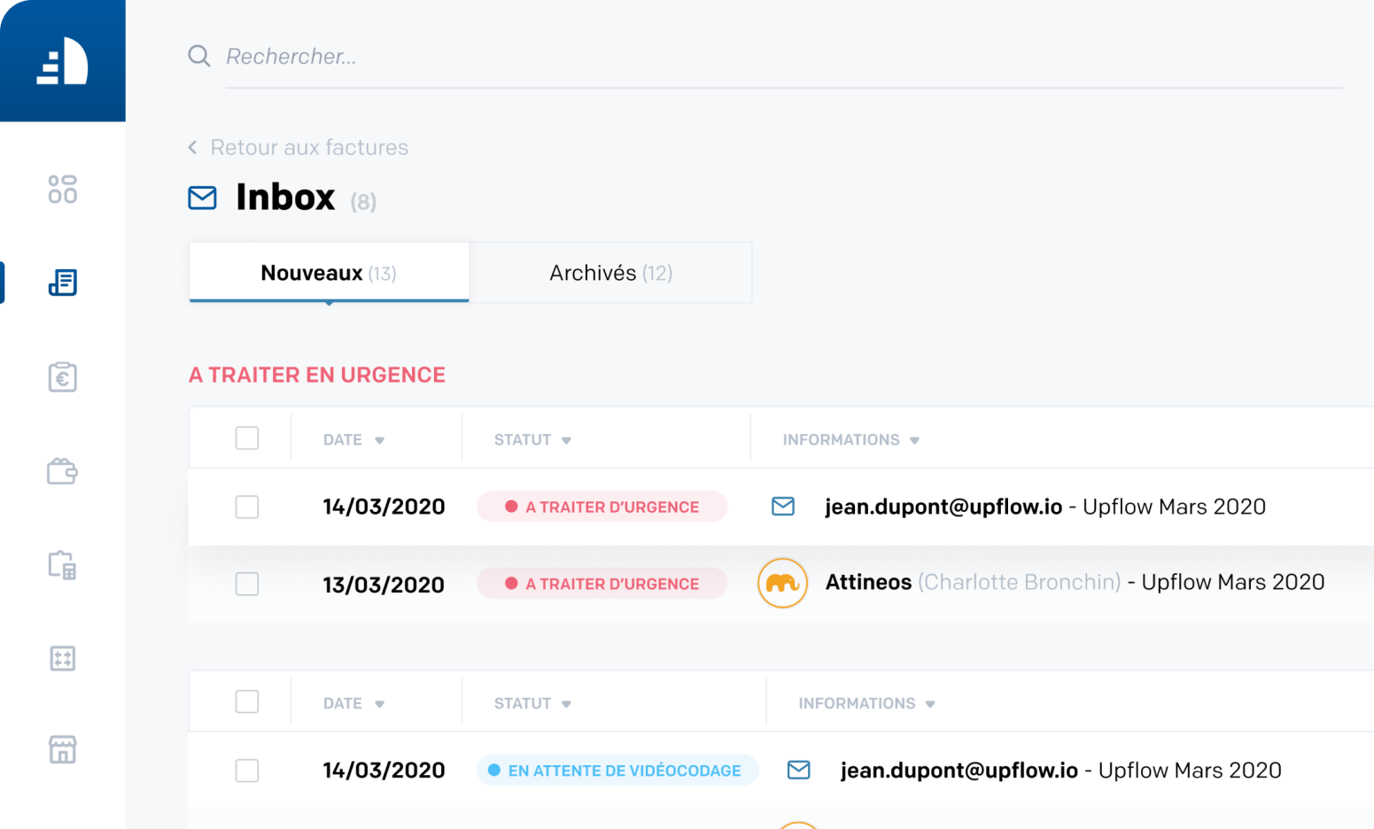 Dashboard regate représentant les inbox