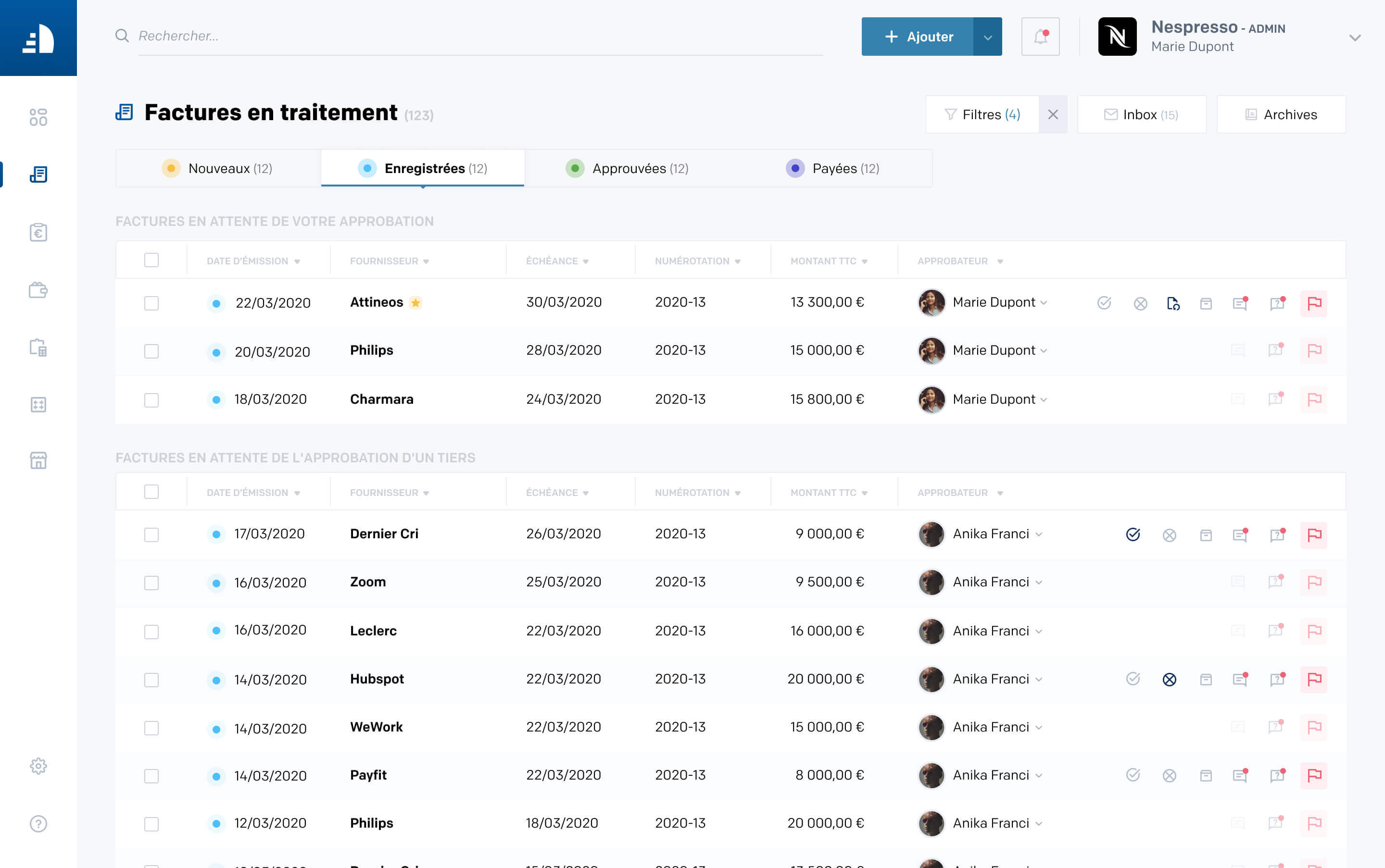 Dashboard représentant les factures en traitement