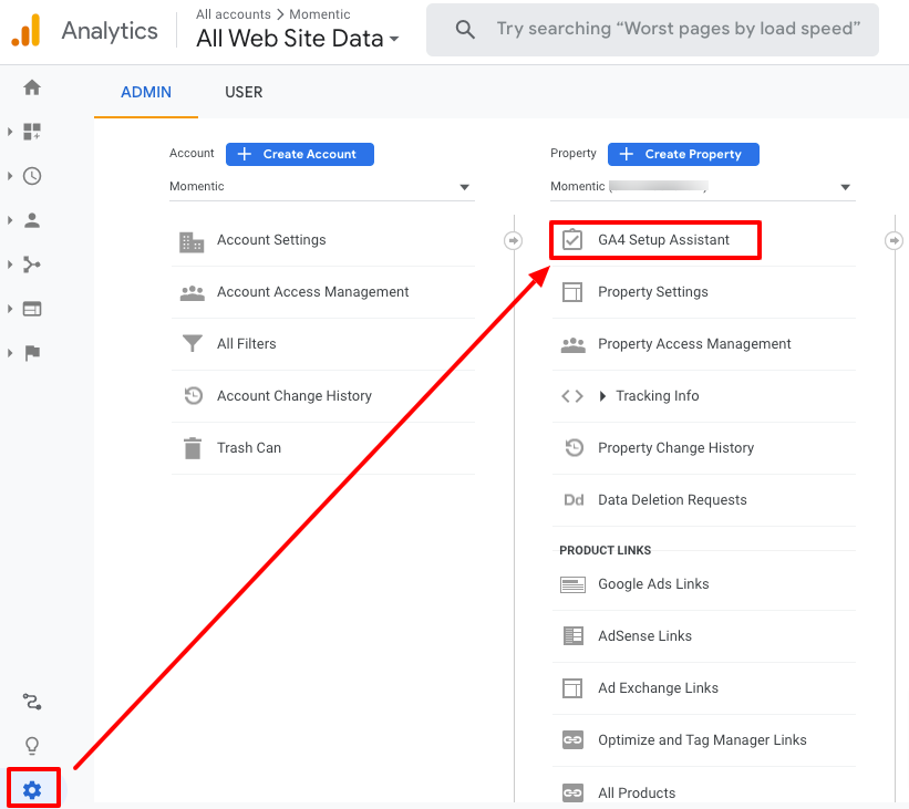 navigating to GA4 setup assistant in Universal Analytics