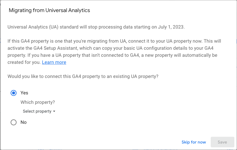 Migrating from Universal Analytics to GA4 pop-up message