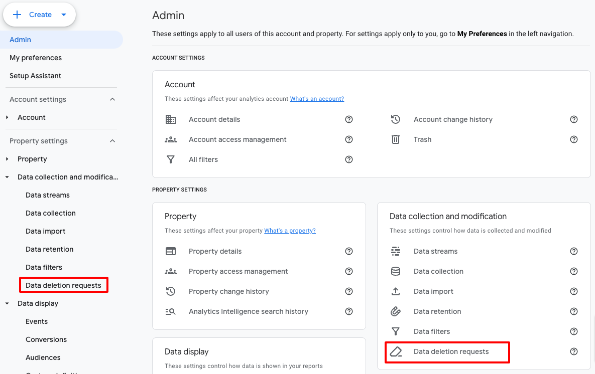 how to make a data deletion request in GA4 admin area