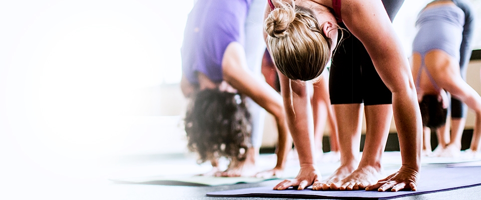 Mehrere Frauen machen Yoga in einem Fitnessstudio zum Welt Yoga-Tag.