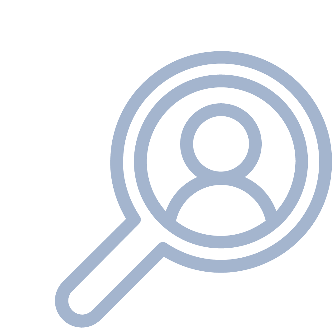 A magnifying glass icon with a person centered in it representing how delivers content and advertising accurately.
