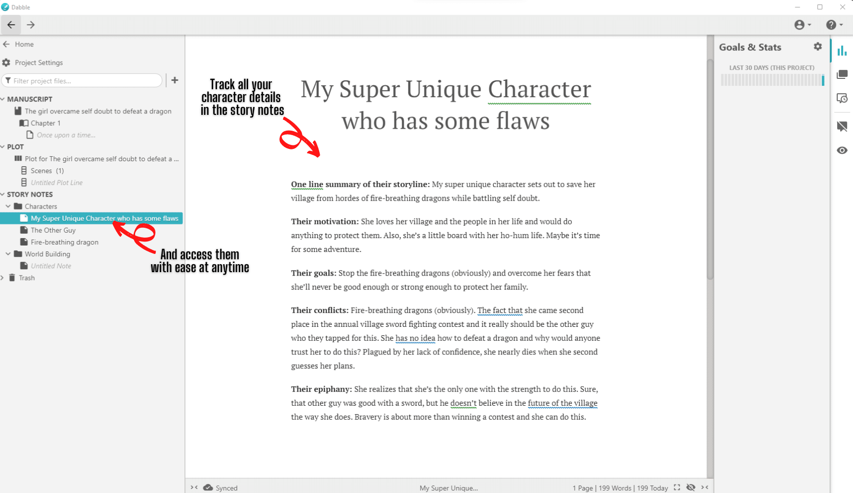 Track your characters in Dabble
