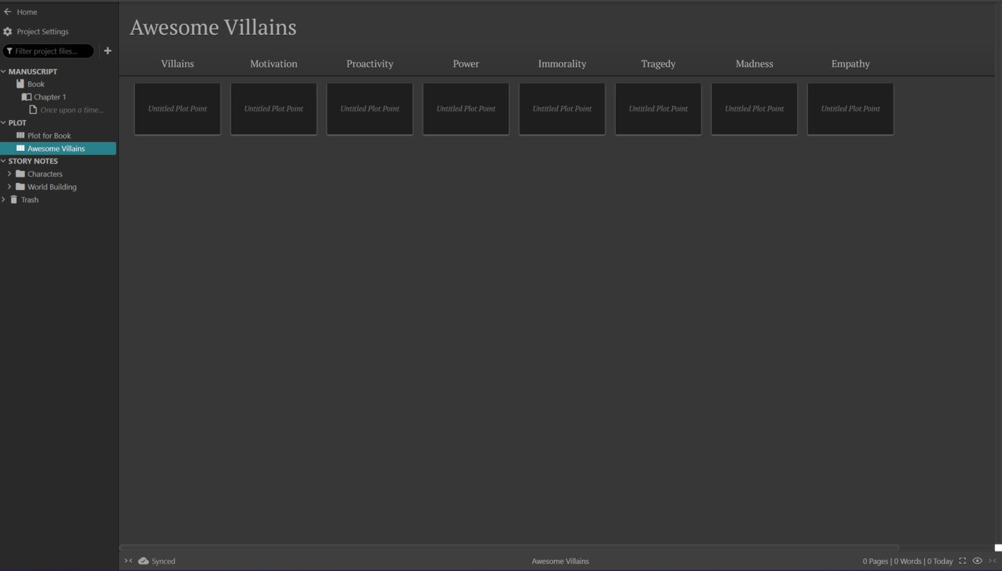 A generic plot grid with headings of villains, motivation, proactivity, power, immorality, tragedy, madness, and empathy.