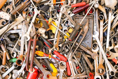 Looking down on a pile of old tools.