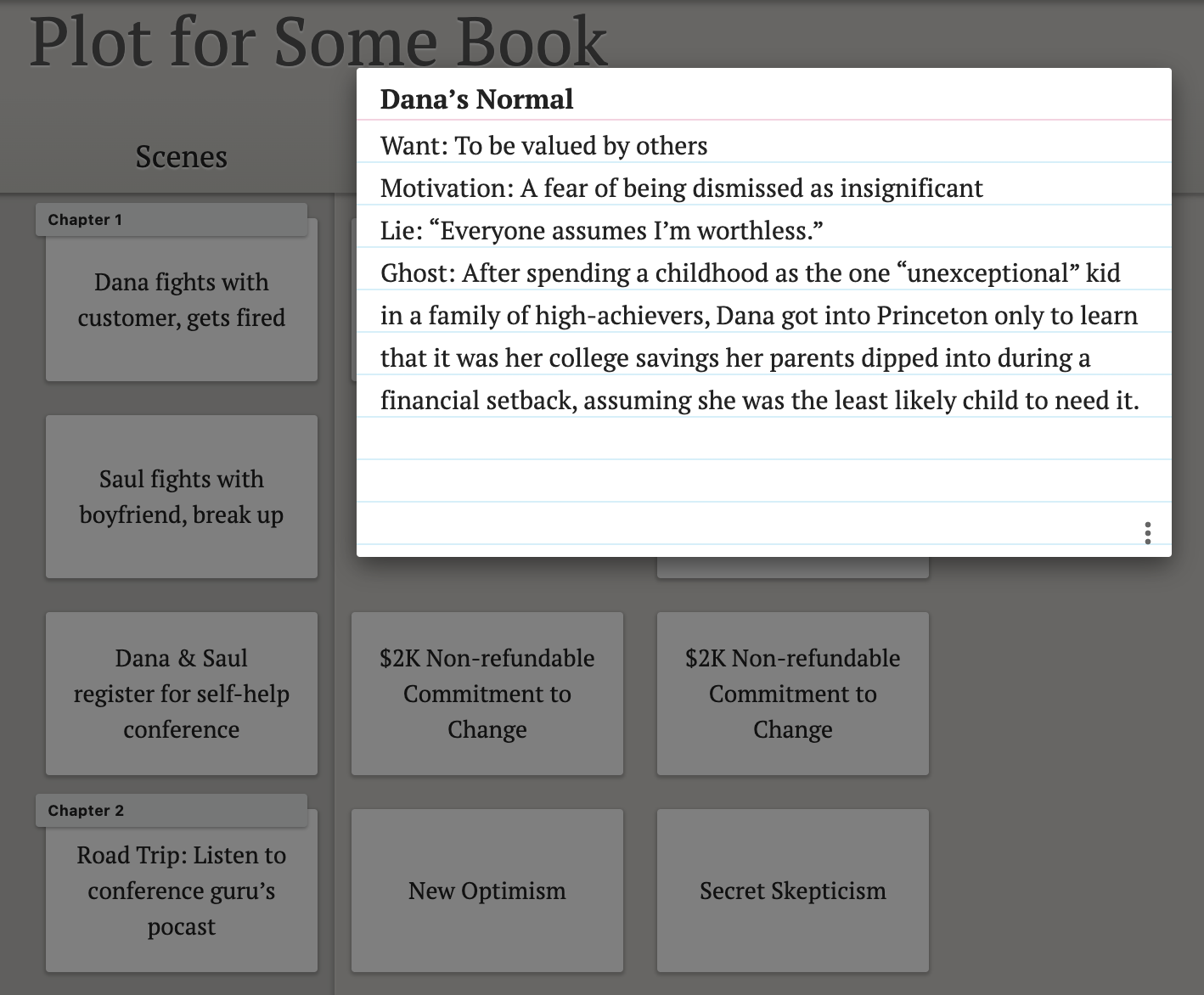 An example of how to use to use the Dabble Plot Grid features for creating character arcs.