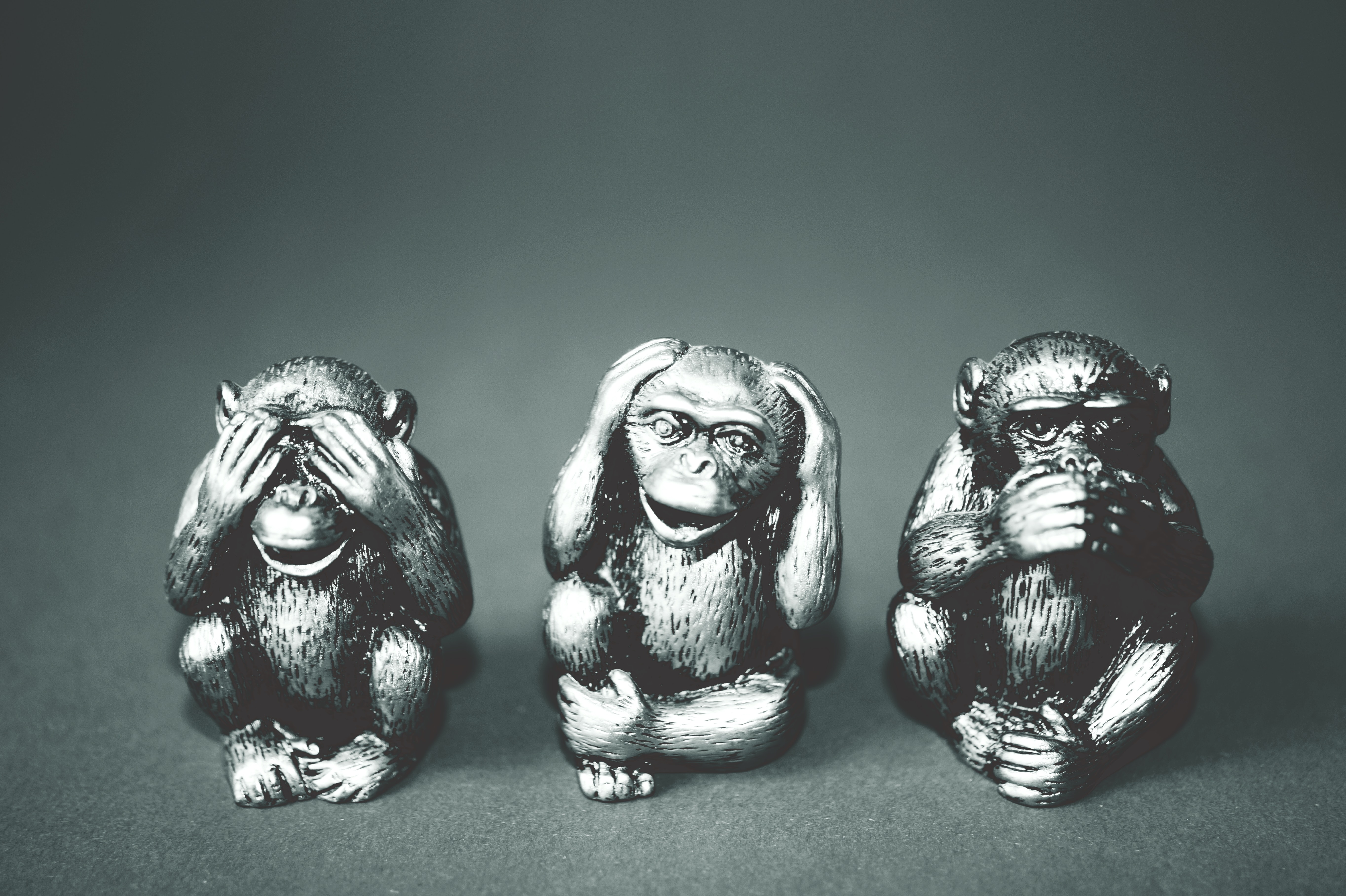 Three "see no evil, hear no evil, speak no evil" monkey figurines sit in a row against a gray background.