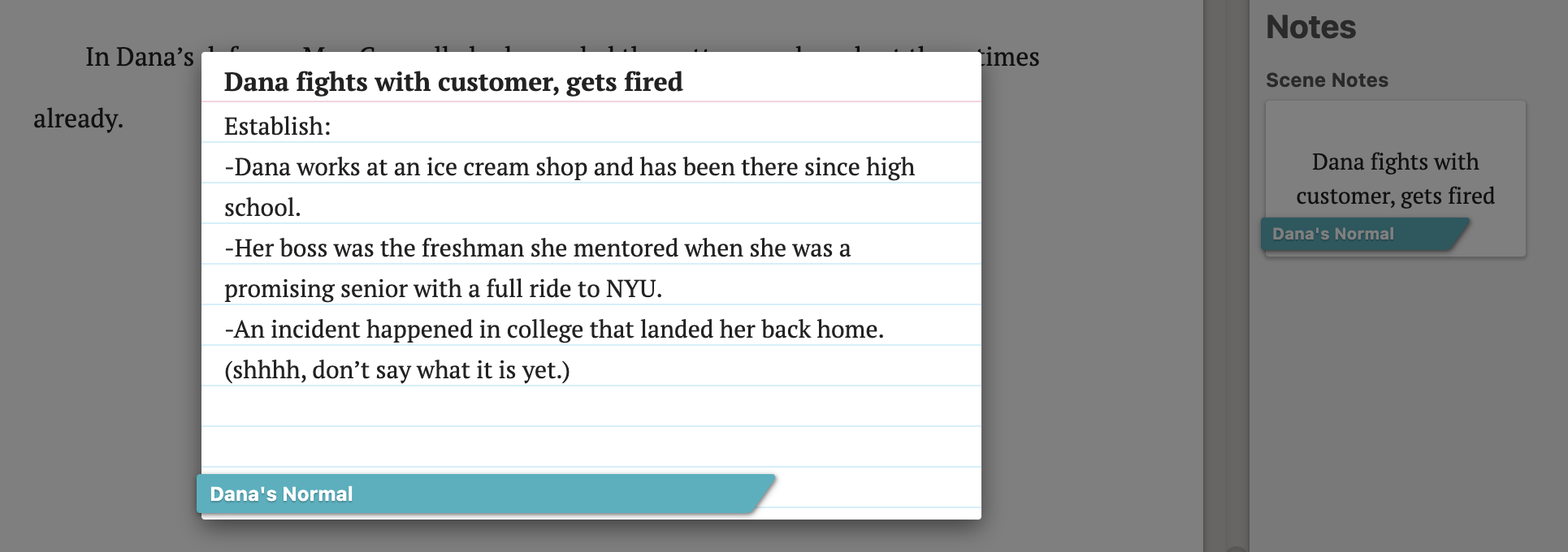 A screenshot showing a scene card popping up in a manuscript draft in the Dabble writing tool.