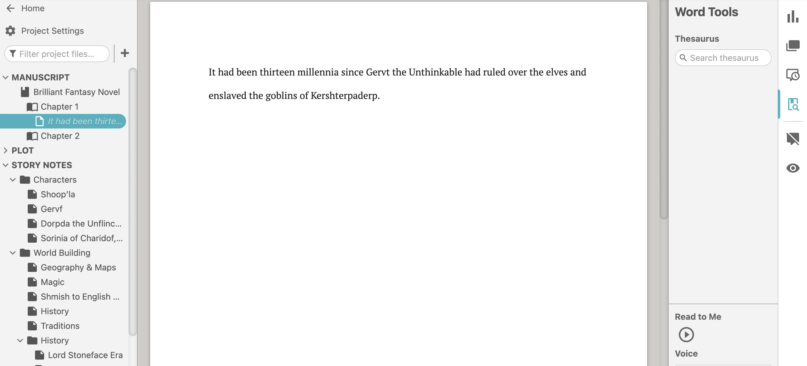 A screenshot showing an example of a Dabble manuscript with the story notes menu on the left side of the page.