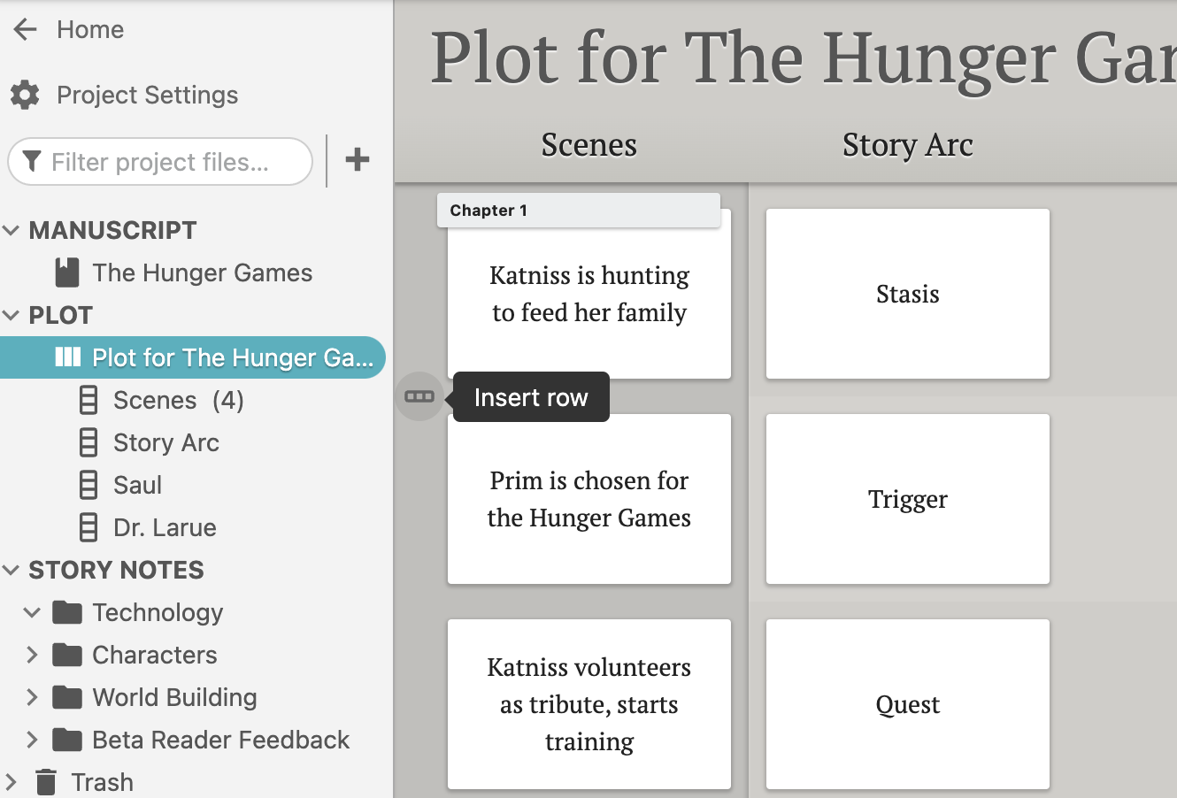 A screenshot of a Dabble Plot Grid with a column for the eight-point story arc