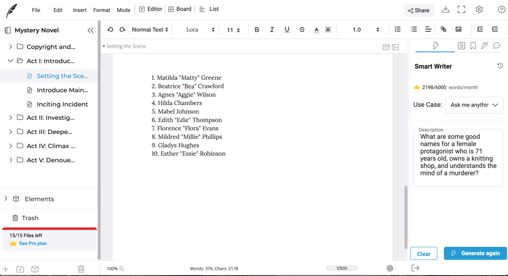 Screenshot of a Squibler manuscript where the AI has been asked to generate names for the protagonist of a cozy mystery novel. There are ten names.