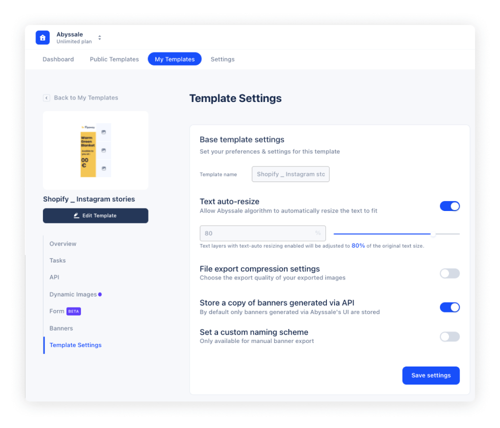 abyssale template settings