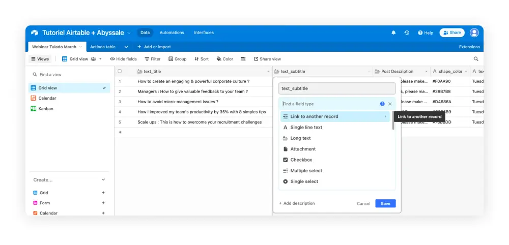 Fiche de liaison Airtable