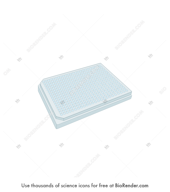 Well plate (384 wells, 3D) - Editable icon of a 3D 384-well microplate with round, liquid-filled wells and alphanumeric row and column labels