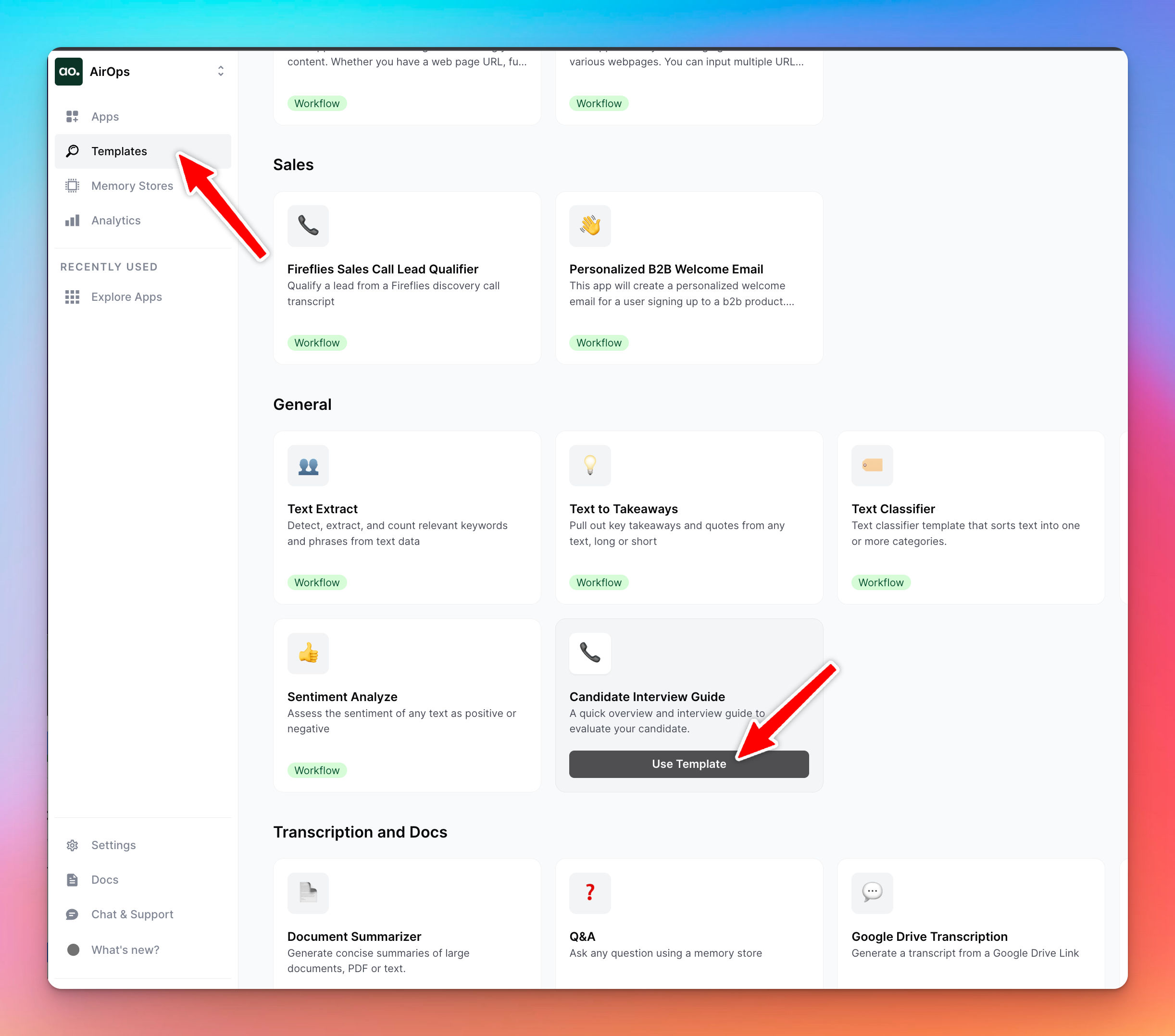 Interface of AirOps app with Templates section highlighted, featuring options like Fireflies Sales Call Lead Qualifier and Candidate Interview Guide with a red arrow pointing to the 'Use Template' button.