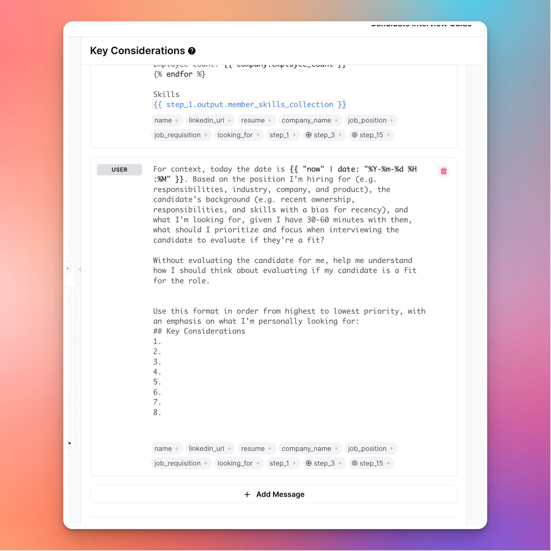 Coding interface displaying a user's message about interview considerations with a list of key considerations and a snippet of code in the background.