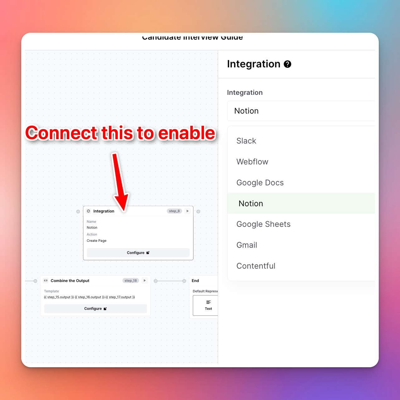 Red arrow pointing to an 'Integration' dropdown menu in a software interface with options for Notion, Slack, and other integrations listed on the right.